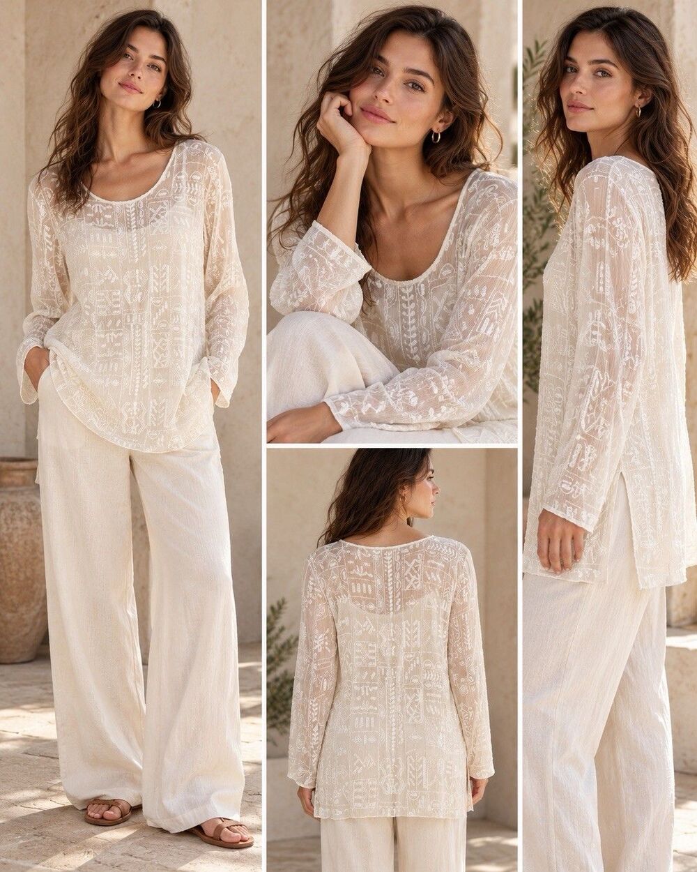 Chico’s Size 2/Large Ivory Silk Embroidered Sheer Tunic Top Beaded Romantic